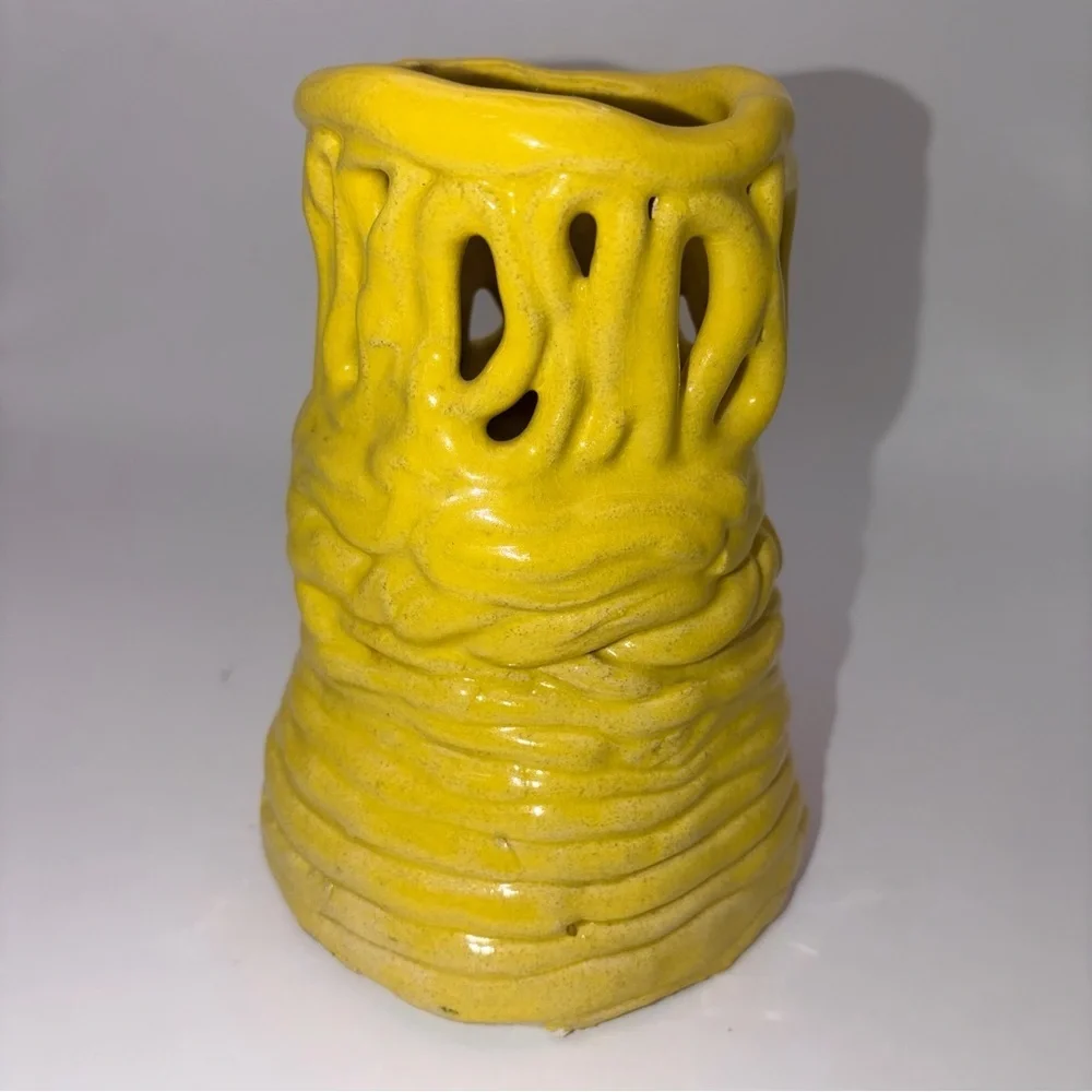 Handmade Yellow Drip Glaze Basket Ceramic Vase / Sculptural Art Pottery - Signed